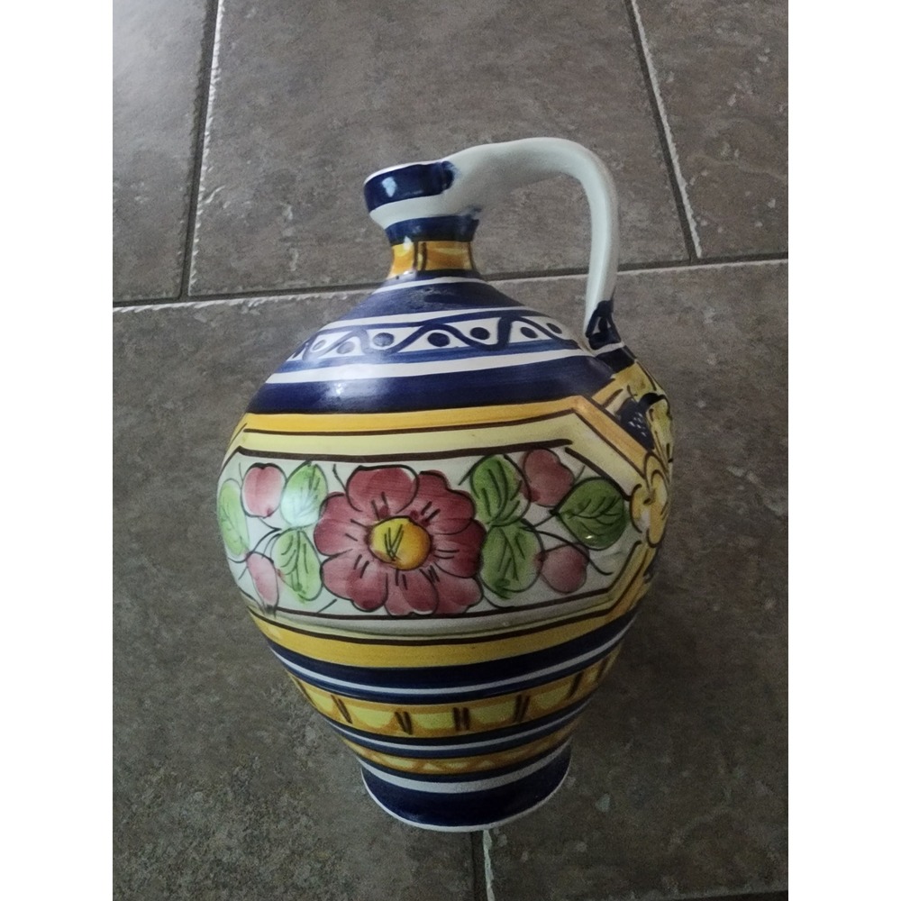 Hand Painted Floral Ceramic Pitcher Mediterranean Style Decorative Pottery Jug